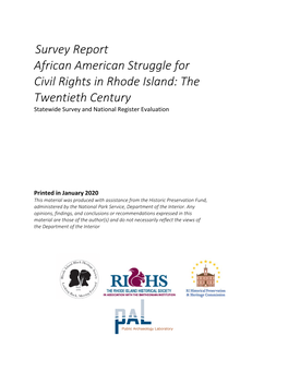Survey Report African American Struggle for Civil Rights in Rhode Island: the Twentieth Century Statewide Survey and National Register Evaluation