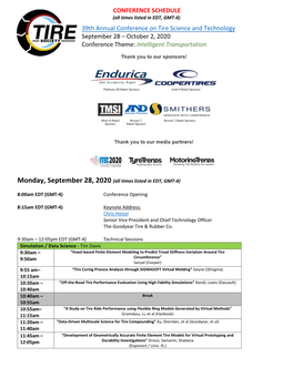 CONFERENCE SCHEDULE 39Th Annual Conference on Tire Science and Technology September 28 – October 2, 2020 Conference Theme