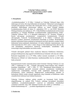 Vabariigi Valitsuse Määruse „Vilsandi Rahvuspargi Kaitse-Eeskiri“ Eelnõu SELETUSKIRI