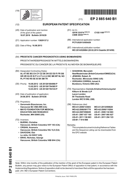 Prostate Cancer Prognostics Using Biomarkers Prostatakrebsprognostik Mittels Biomarkern Prognostic Du Cancer De La Prostate Au Moyen De Biomarqueurs