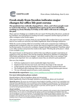 Fresh Study from Sweden Indicates Major Changes for Office Life Post-Corona the Pandemic Has Radically Changed How, When, and Where People Want to Work in the Future