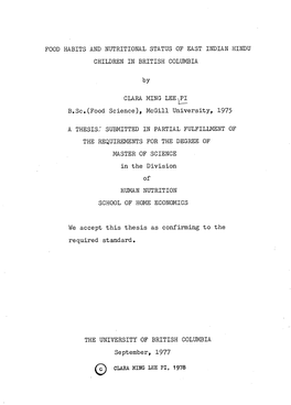 Food Habits and Nutritional Status of East Indian Hindu