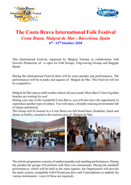 The Costa Brava International Folk Festival Costa Brava, Malgrat De Mar - Barcelona, Spain 6Th - 11 Th October 2020