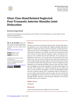 Ulnar Claw-Hand Related Neglected Post-Traumatic Anterior Shoulder Joint Dislocation