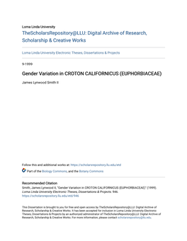 Gender Variation in CROTON CALIFORNICUS (EUPHORBIACEAE)