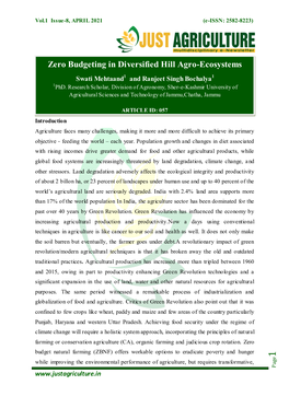 Zero Budgeting in Diversified Hill Agro-Ecosystems Swati Mehtaand1 and Ranjeet Singh Bochalya1 1 Phd
