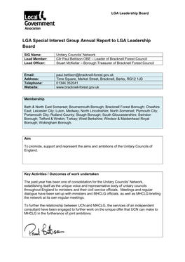 LGA Special Interest Group Annual Report to LGA Leadership Board