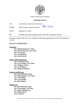 Senate President's Appointments – 2021 Legislative Session