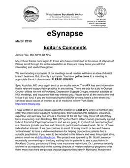 Esynapse March 2013 Editor’S Comments