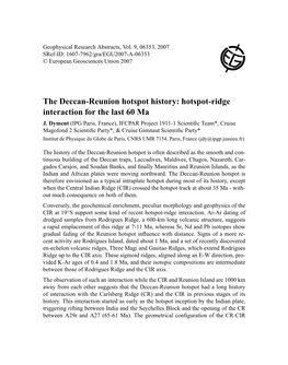 The Deccan-Reunion Hotspot History: Hotspot-Ridge Interaction for the Last 60 Ma J