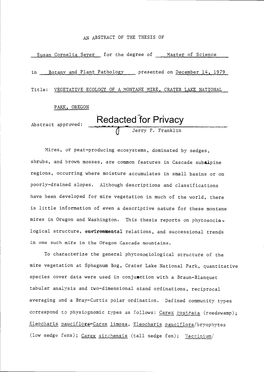Vegetative Ecology of a Montane Mire, Crater Lake National