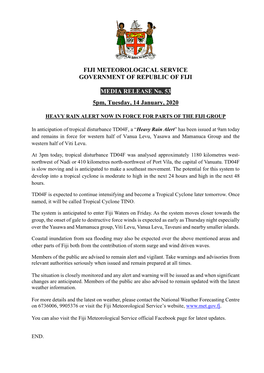 FIJI METEOROLOGICAL SERVICE GOVERNMENT of REPUBLIC of FIJI MEDIA RELEASE No. 53 5Pm, Tuesday, 14 January, 2020