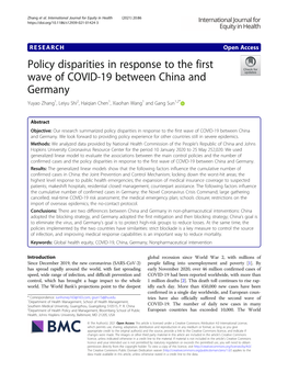 Policy Disparities in Response to the First Wave of COVID-19 Between China and Germany Yuyao Zhang1, Leiyu Shi2, Haiqian Chen1, Xiaohan Wang1 and Gang Sun1,2*