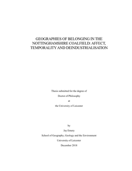 Geographies of Belonging in the Nottinghamshire Coalfield: Affect, Temporality and Deindustrialisation