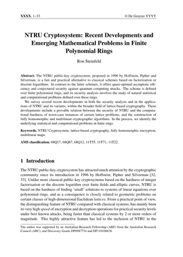 NTRU Cryptosystem: Recent Developments and Emerging Mathematical Problems in Finite Polynomial Rings