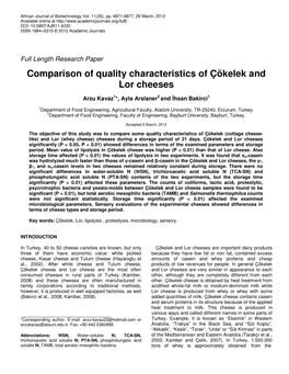 Comparison of Quality Characteristics of Çökelek and Lor Cheeses