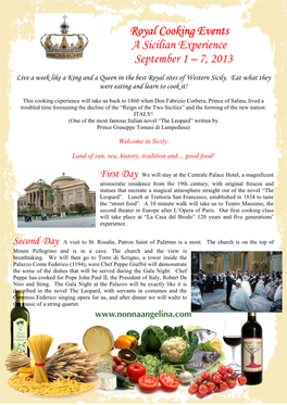 Royal Cooking Events a Sicilian Experience September 1 – 7, 2013