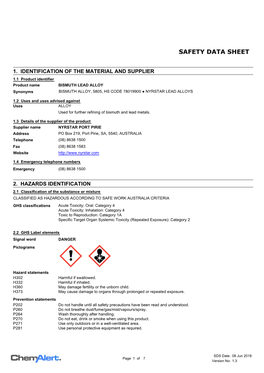 BISMUTH LEAD ALLOY Synonyms BISMUTH ALLOY, 5805, HS CODE 78019900 ● NYRSTAR LEAD ALLOYS