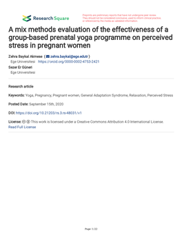 A Mix Methods Evaluation of the Effectiveness of a Group-Based Prenatal Yoga Programme on Perceived Stress in Pregnant Women