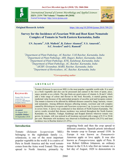 Survey for the Incidence of Fusarium Wilt and Root Knot Nematode Complex of Tomato in North Eastern Karnataka, India