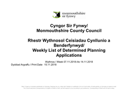 Cyngor Sir Fynwy/ Monmouthshire County Council Rhestr Wythnosol Ceisiadau Cynllunio a Benderfynwyd/ Weekly List of Determined P