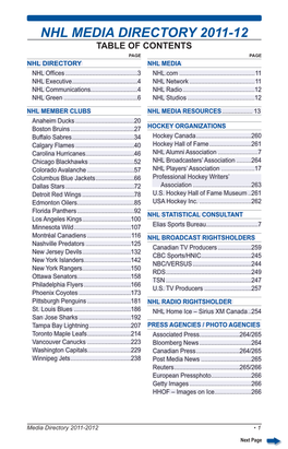 Nhl Media Directory 2011-12 Table of Contents Page Page Nhl Directory Nhl Media 1+/2I¿Fhv