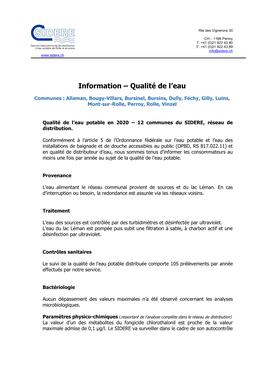 Information – Qualité De L'eau