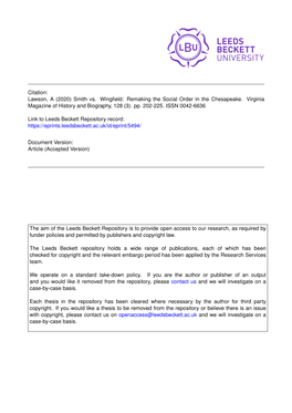 Lawson, a (2020) Smith Vs. Wingfield: Remaking the Social Order in The