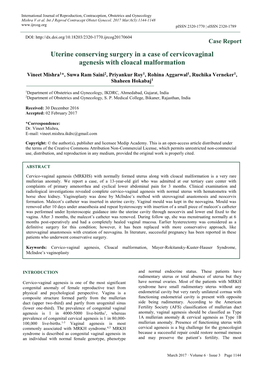 Uterine Conserving Surgery in a Case of Cervicovaginal Agenesis with Cloacal Malformation