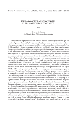 UNA POSMODERNIDAD REACCIONARIA: EL PENSAMIENTO DE ÁLVARO MUTIS California State University-Los Angeles Aunque No Es El Propósi