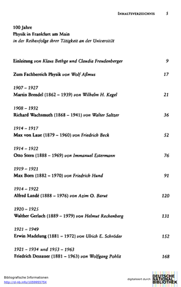 100 Jahre Physik in Frankfurt Am Main in Der Reihenfolge Ihrer Tätigkeit an Der Universität