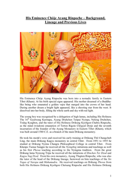 His Eminence Chöje Ayang Rinpoche – Background, Lineage and Previous Lives