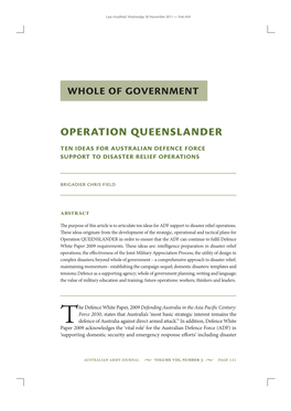 Operation QUEENSLANDER Ten Ideas for Australian Defence Force Support to Disaster Relief Operations