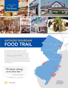 Anthony Bourdain Food Trail Pays Tribute to Bourdain’S Childhood Growing up in Leonia, New 2 Jersey, and Summers Spent at the Jersey Shore