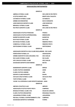 Tabela Campeonato Sub 17