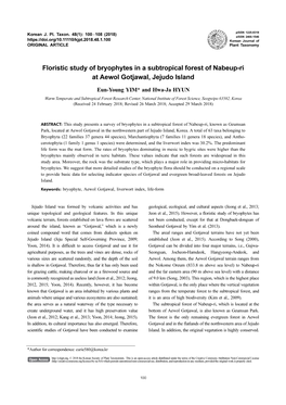 Floristic Study of Bryophytes in a Subtropical Forest of Nabeup-Ri at Aewol Gotjawal, Jejudo Island