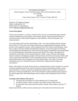 Race and Colonialism in Africa (21:510:396) Fall 2016 Class Time/Location: T/R 11:30 Am-12:50 Pm, Hill 106