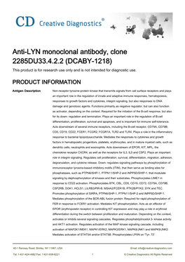 Anti-LYN Monoclonal Antibody, Clone 2285DU33.4.2.2 (DCABY-1218) This Product Is for Research Use Only and Is Not Intended for Diagnostic Use