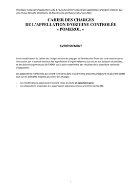 Cahier Des Charges De L'appellation D'origine Controlée « Pomerol