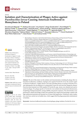 Isolation and Characterization of Phages Active Against Paenibacillus Larvae Causing American Foulbrood in Honeybees in Poland