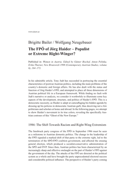 Brigitte Bailer / Wolfgang Neugebauer the FPÖ of Jörg Haider – Populist Or Extreme Right-Winger?