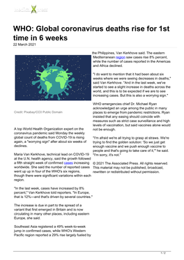 WHO: Global Coronavirus Deaths Rise for 1St Time in 6 Weeks 22 March 2021