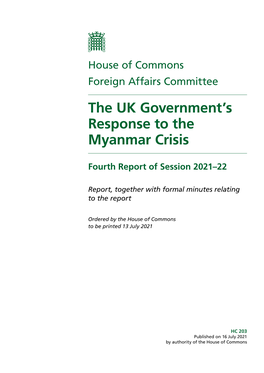 Report (The UK Government's Response to the Myanmar Crisis)