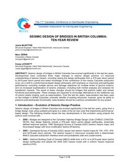 Seismic Design of Bridges in British Columbia: Ten-Year Review