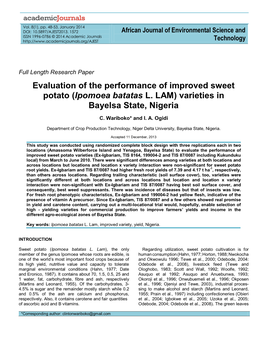 Evaluation of the Performance of Improved Sweet Potato (Ipomoea Batatas L