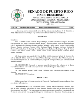 Senado De Puerto Rico Diario De Sesiones Procedimientos Y Debates De La Decimosexta Asamblea Legislativa Quinta Sesion Extraordinaria Año 2012 Vol