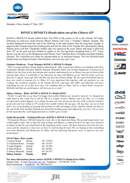 KONICA MINOLTA Honda Taken out of the Chinese GP