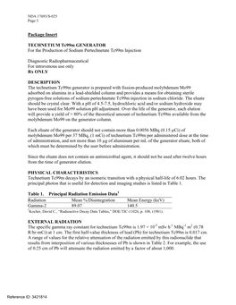 Package Insert TECHNETIUM Tc99m GENERATOR for the Production of Sodium Pertechnetate Tc99m Injection Diagnostic Radiopharmaceuti