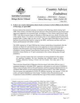 Country Advice Zimbabwe Zimbabwe ZWE38611 Farmers Bikita/Masvingo MDC/ZANU-PF 3 May 2011