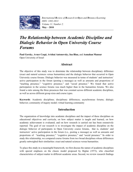 The Relationship Between Academic Discipline and Dialogic Behavior in Open University Course Forums